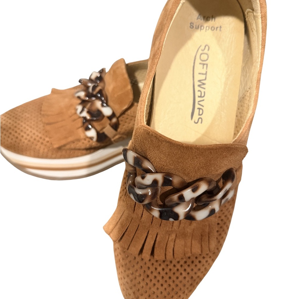 Softwaves Tan Suede Fringe Loafer with Tortoiseshell Chain Accent